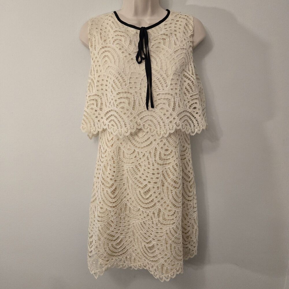 Ellison Lace Dress Whimsigoth Coquette Capelet Mod Crochet Shift Ribbon Bow Lrg